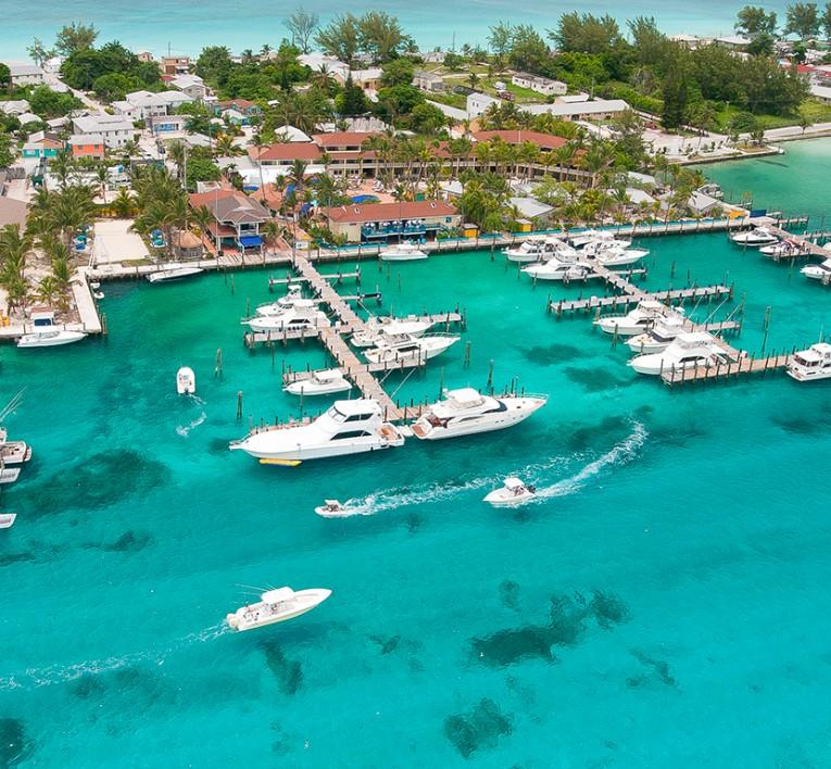 Aerial view of the turquoise marina and resort